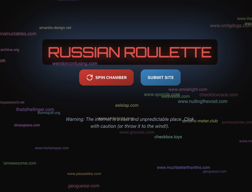 Screenshot of Web Russian Roulette game with floating website names